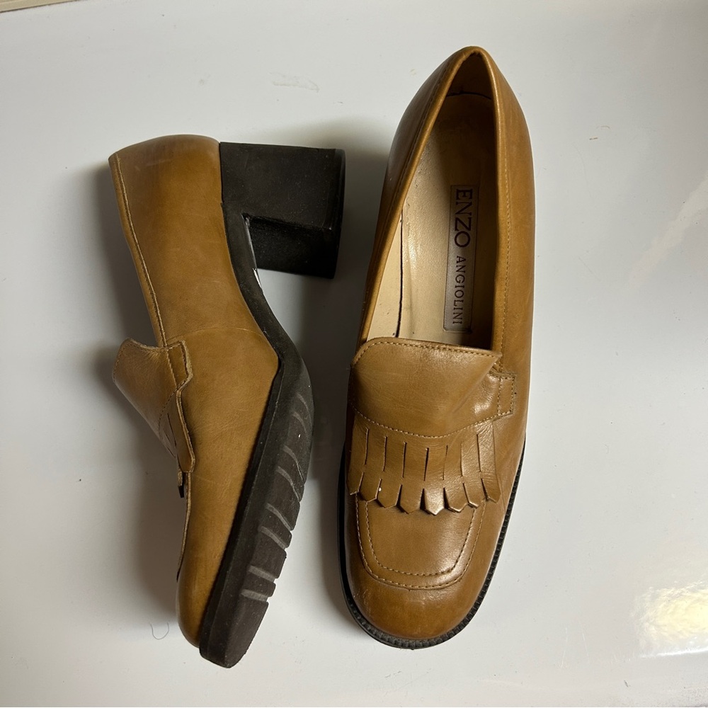 Enzo Angiolini Tan Leather Block Heel Loafers